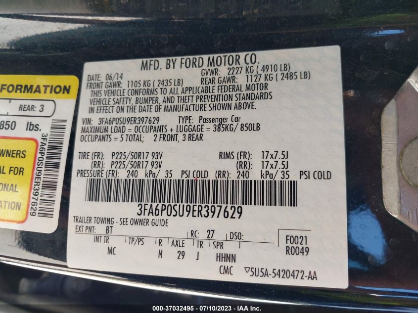 2014 FORD FUSION ENERGI TITANIUM - 3FA6P0SU9ER397629