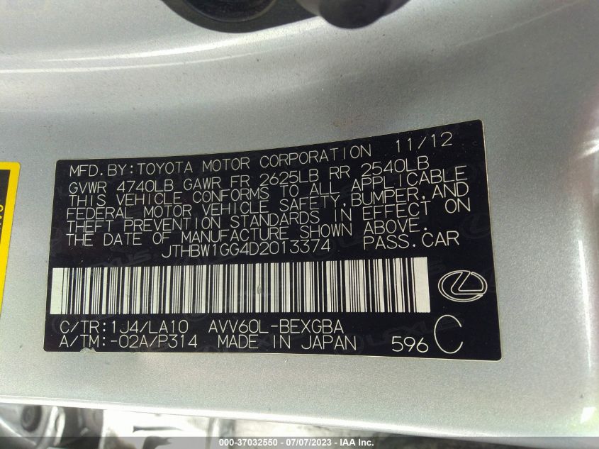2013 LEXUS ES 300H HYBRID JTHBW1GG4D2013374