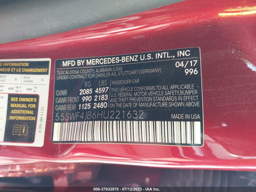 VIN 55SWF4JB6HU221632 2017 MERCEDES-BENZ C-CLASS C 300