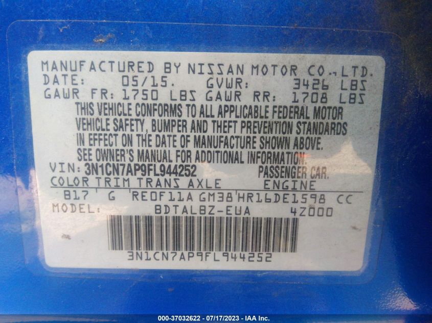 2015 NISSAN VERSA SV - 3N1CN7AP9FL944252