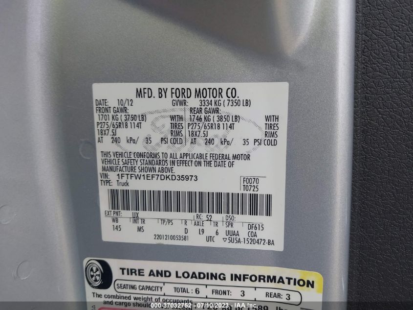 2013 FORD F-150 XL/XLT/FX4/LARIAT - 1FTFW1EF7DKD35973