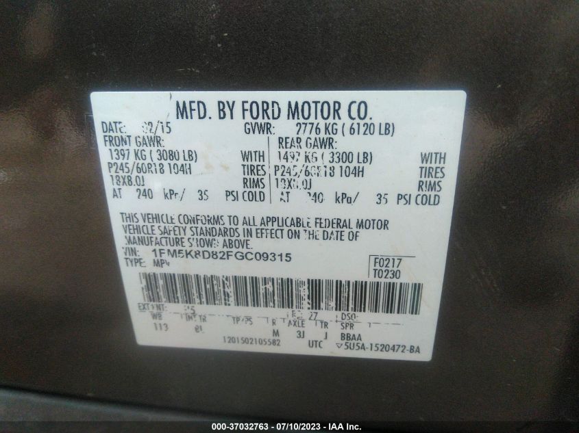 2015 FORD EXPLORER XLT - 1FM5K8D82FGC09315