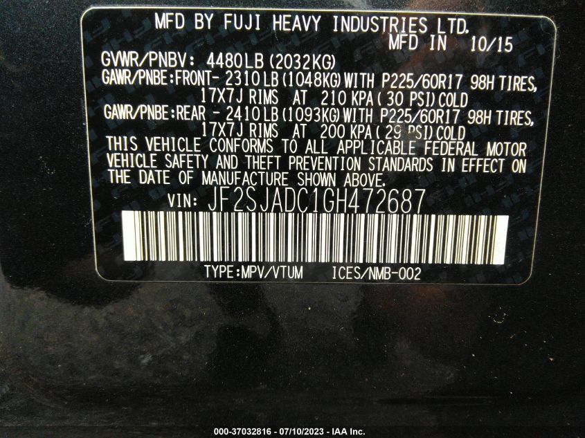 2016 SUBARU FORESTER 2.5I PREMIUM - JF2SJADC1GH472687