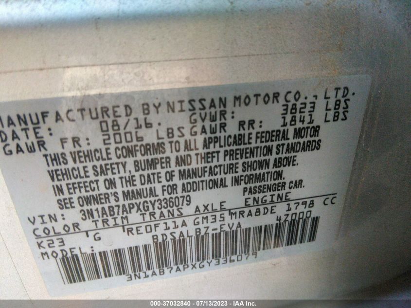 2016 NISSAN SENTRA S/SV/SR/SL - 3N1AB7APXGY336079