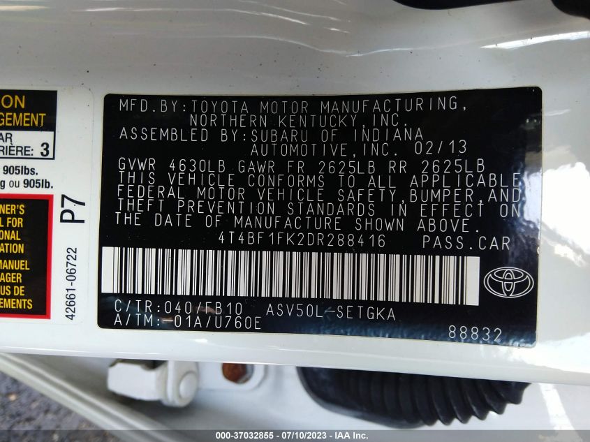 2013 TOYOTA CAMRY L/LE/SE/XLE - 4T4BF1FK2DR288416