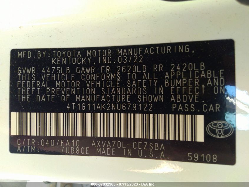 2022 TOYOTA CAMRY SE/SE NIGHT SHADE - 4T1G11AK2NU679122