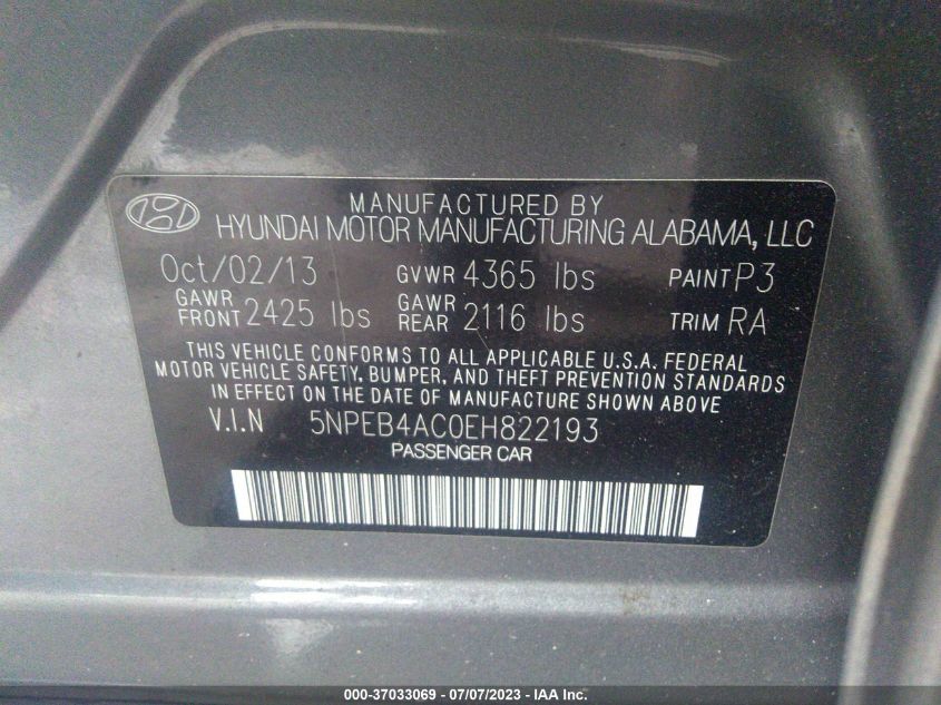 2014 HYUNDAI SONATA GLS - 5NPEB4AC0EH822193