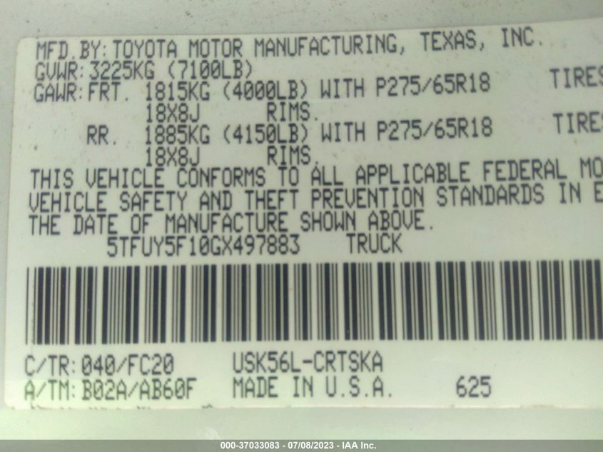 2016 TOYOTA TUNDRA 4WD TRUCK SR/SR5/TRD PRO - 5TFUY5F10GX497883