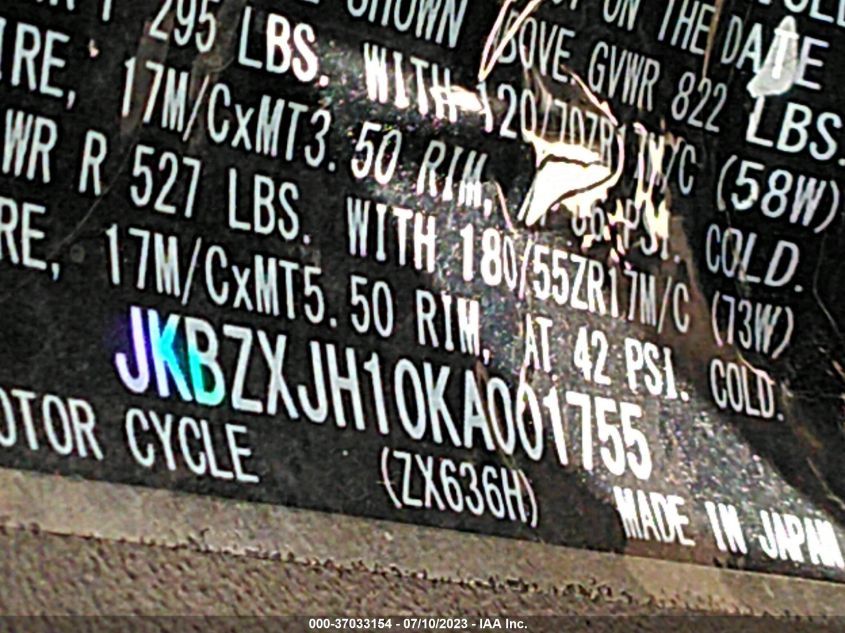 2019 KAWASAKI ZX636 K JKBZXJH10KA001755