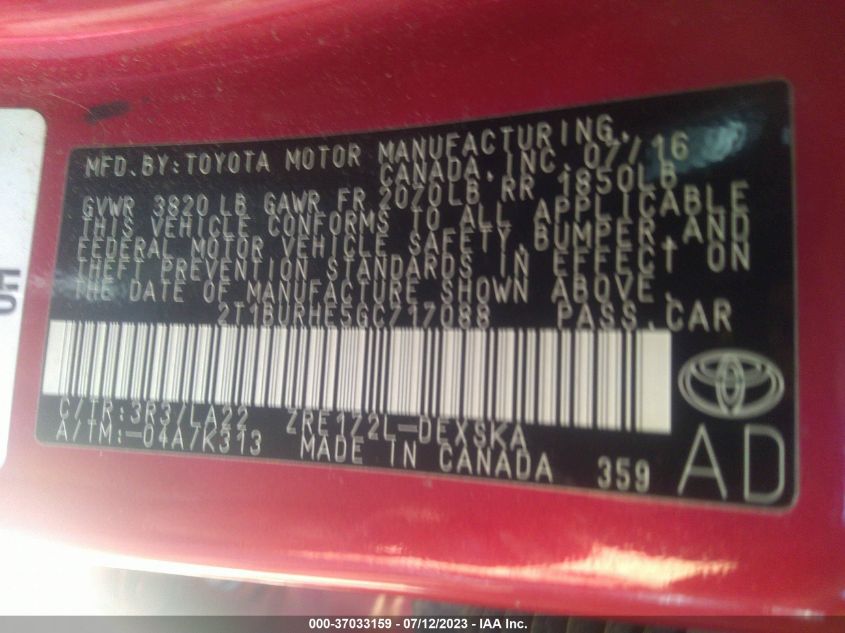 2016 TOYOTA COROLLA L/LE/S/S PLUS/LE PLUS - 2T1BURHE5GC717088
