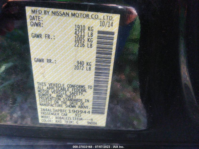 2015 NISSAN ALTIMA 2.5 S - 1N4AL3AP8FC190944