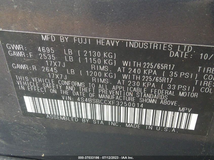 2015 SUBARU OUTBACK 2.5I PREMIUM - 4S4BSBCCXF3250014
