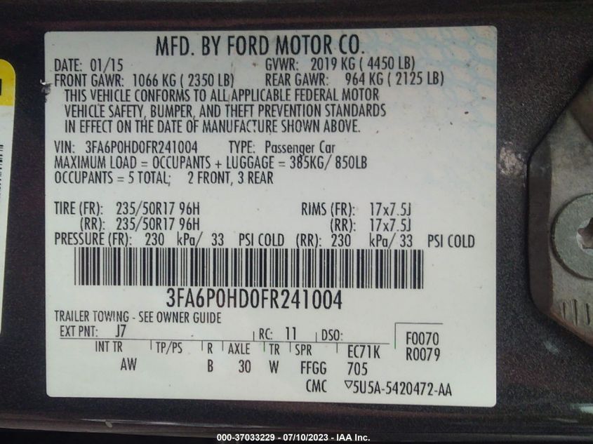 2015 FORD FUSION SE - 3FA6P0HD0FR241004