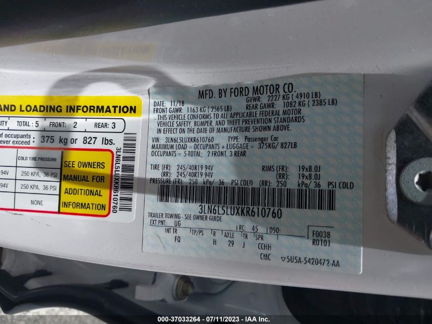 2019 LINCOLN MKZ HYBRID RESERVE I - 3LN6L5LUXKR610760