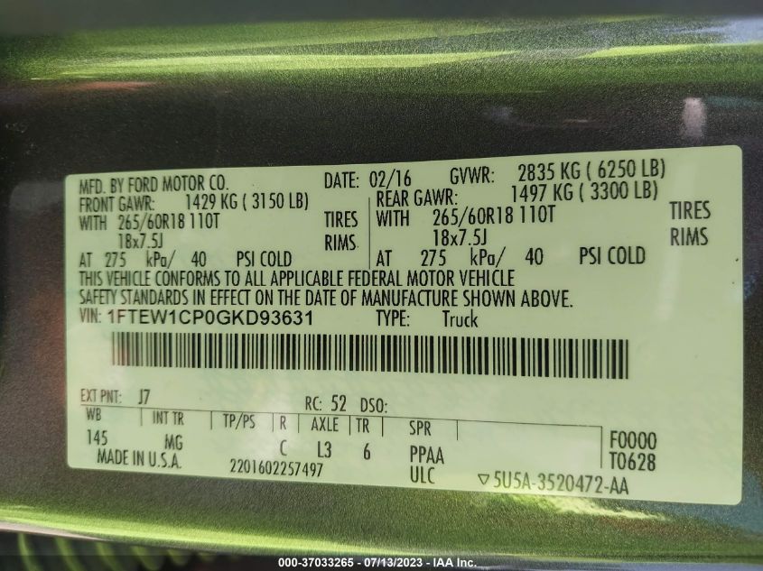 2016 FORD F-150 XL/LARIAT/XLT - 1FTEW1CP0GKD93631
