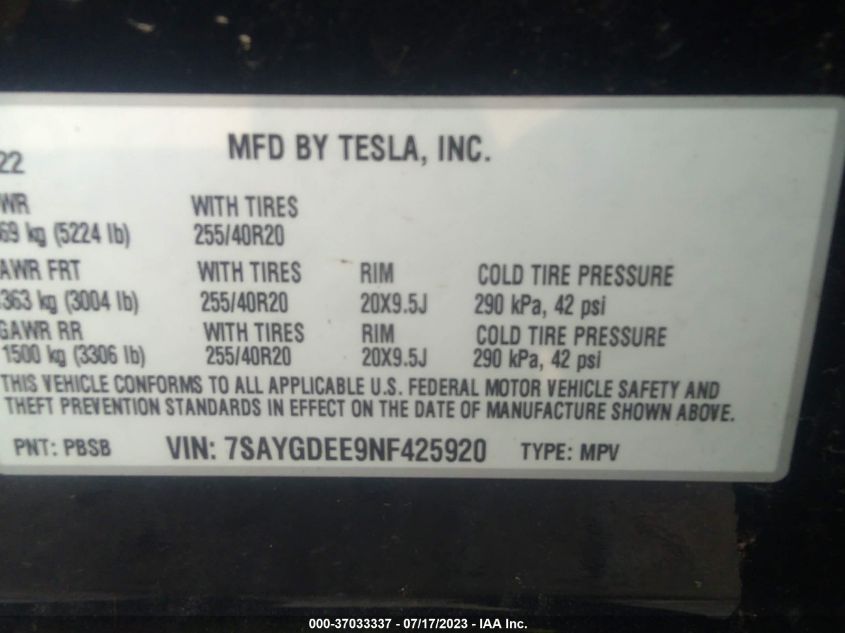 2022 TESLA MODEL Y LONG RANGE - 7SAYGDEE9NF425920