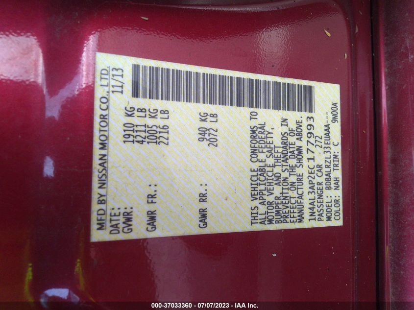 2014 NISSAN ALTIMA 2.5/S/SV/SL - 1N4AL3AP2EC177993