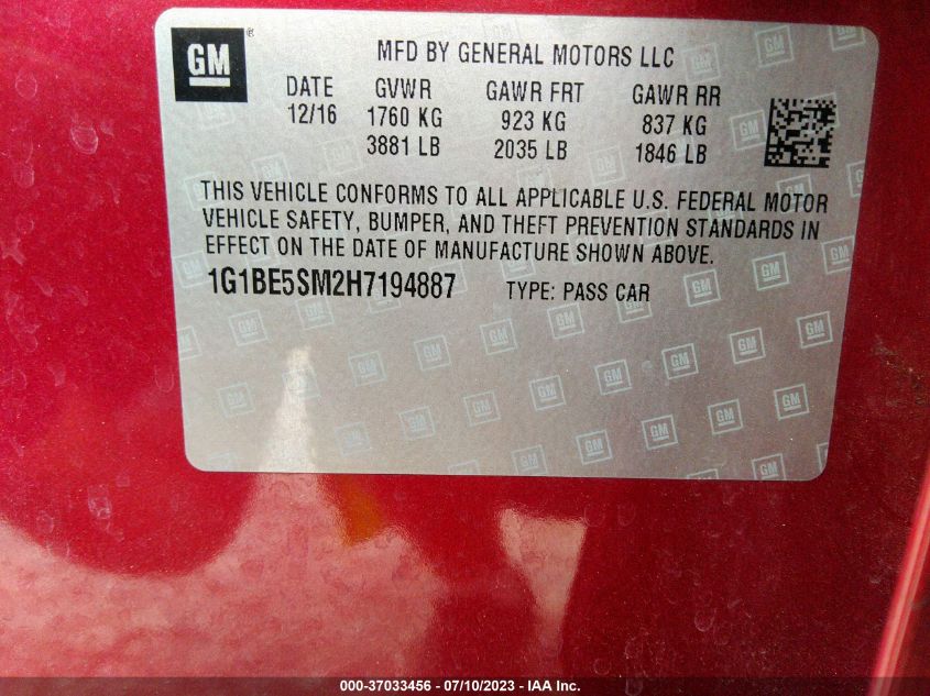 2017 CHEVROLET CRUZE LT - 1G1BE5SM2H7194887