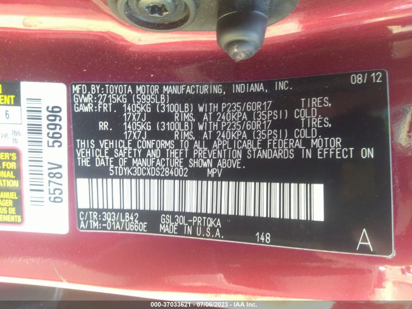 2013 TOYOTA SIENNA XLE AAS/XLE/LTD - 5TDYK3DCXDS284002