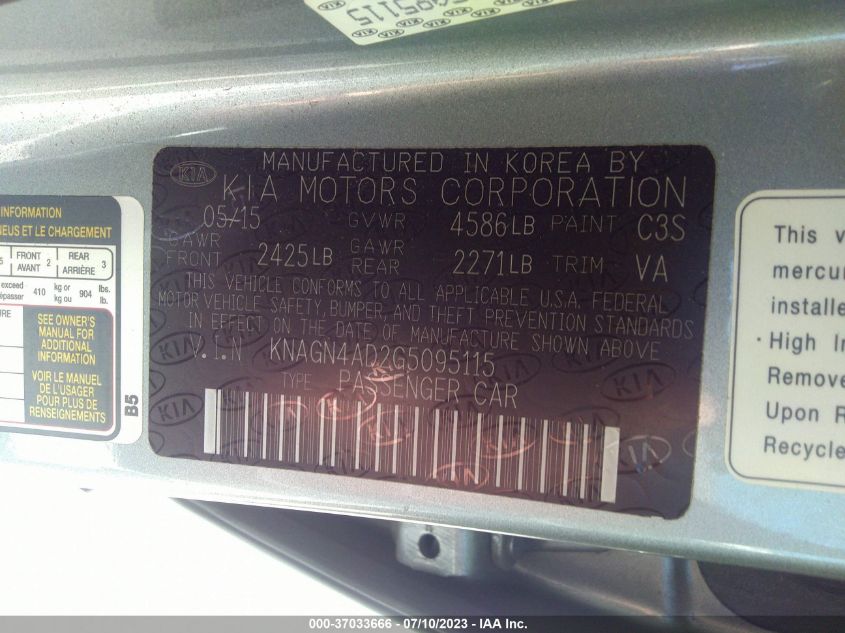 2016 KIA OPTIMA HYBRID EX - KNAGN4AD2G5095115
