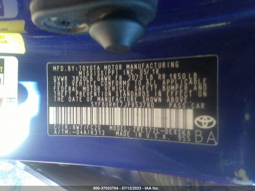 2018 TOYOTA COROLLA L/LE/XLE/SE/XSE - 5YFBURHE7JP853780