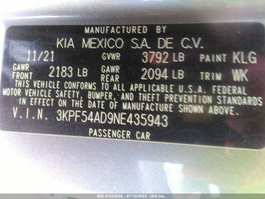 2022 KIA FORTE GT-LINE - 3KPF54AD9NE435943