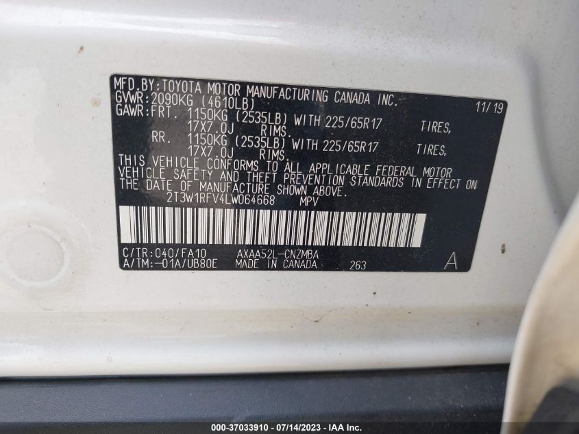 2020 TOYOTA RAV4 XLE - 2T3W1RFV4LW064668