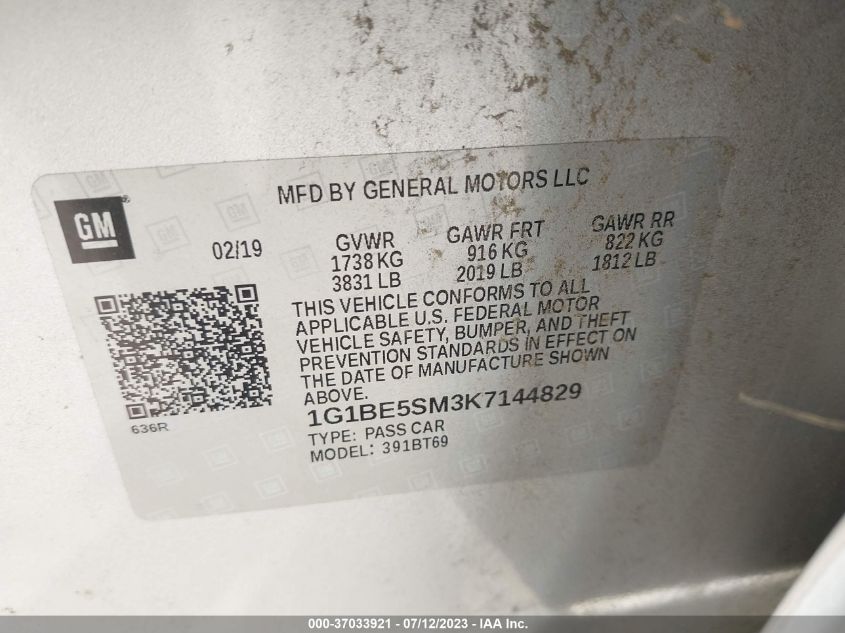 2019 CHEVROLET CRUZE LT - 1G1BE5SM3K7144829