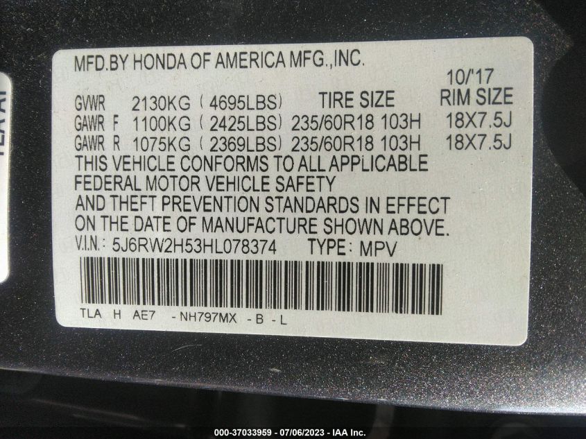 2017 HONDA CR-V EX - 5J6RW2H53HL078374