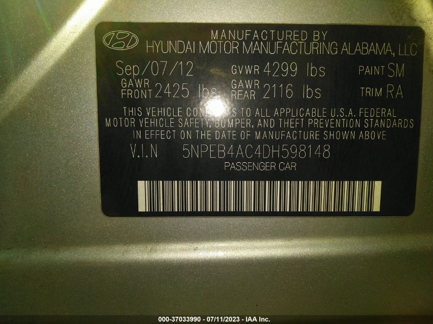 2013 HYUNDAI SONATA GLS - 5NPEB4AC4DH598148