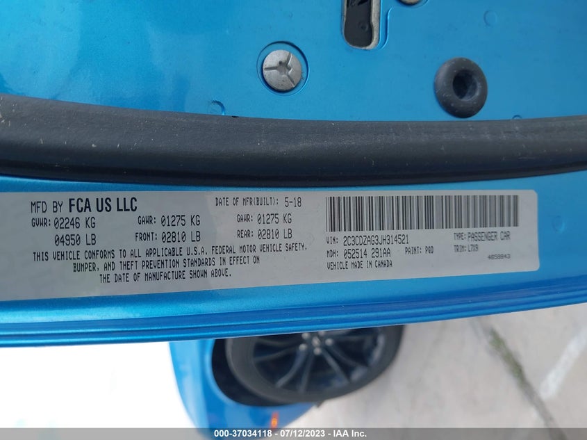 VIN 2C3CDZAG3JH314521 2018 DODGE CHALLENGER SXT