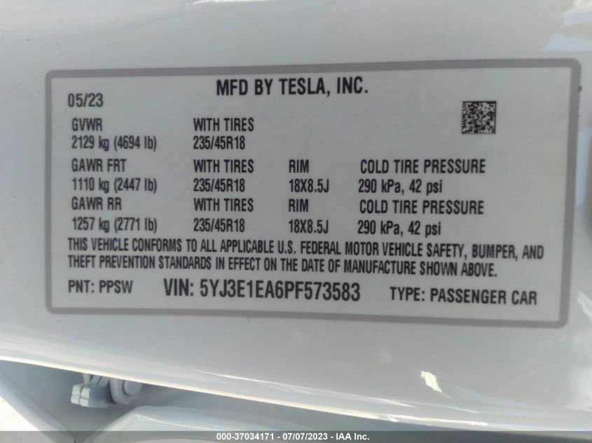 2023 TESLA MODEL 3 - 5YJ3E1EA6PF573583