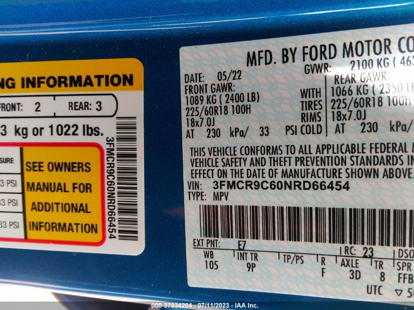 2022 FORD BRONCO SPORT OUTER BANKS - 3FMCR9C60NRD66454