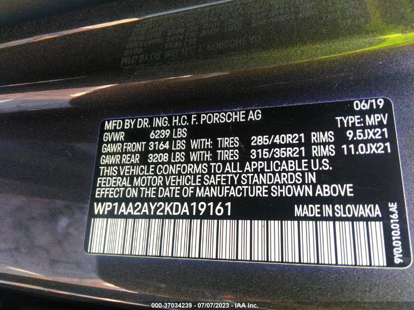 2019 PORSCHE CAYENNE - WP1AA2AY2KDA19161