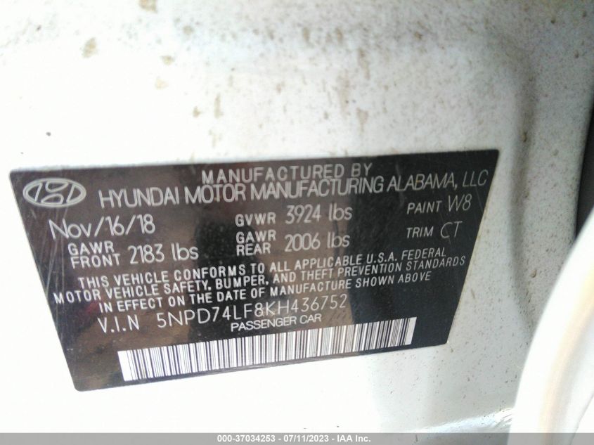 2019 HYUNDAI ELANTRA SE - 5NPD74LF8KH436752