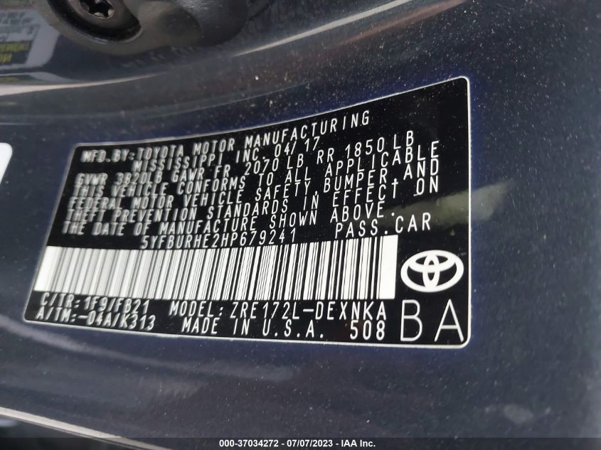 2017 TOYOTA COROLLA L/LE/XLE/SE/XSE - 5YFBURHE2HP679241