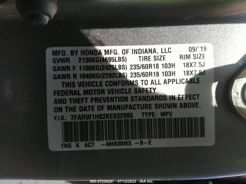 VIN 7FARW1H82KE032995 2019 HONDA CR-V EXL