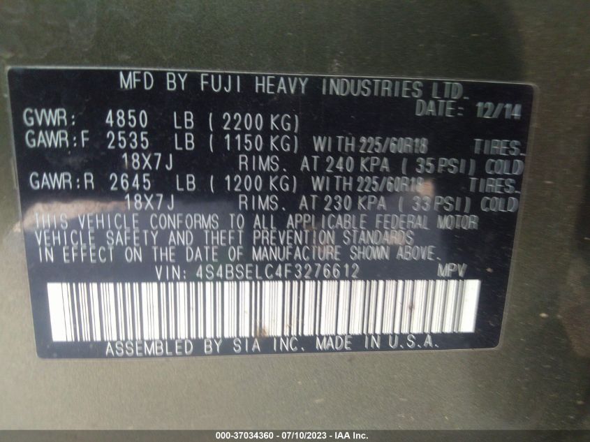 2015 SUBARU OUTBACK 3.6R LIMITED - 4S4BSELC4F3276612