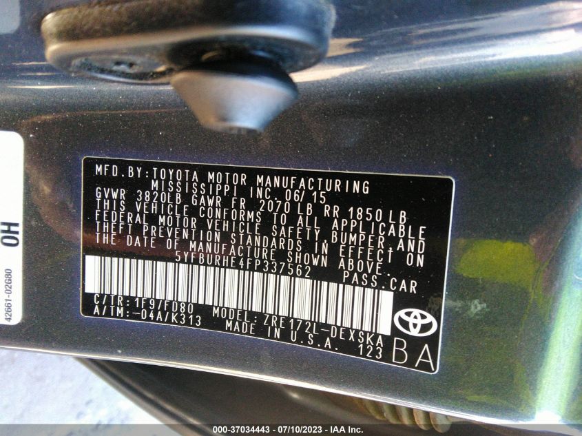 2015 TOYOTA COROLLA L/LE/S/S PLUS/LE PLUS - 5YFBURHE4FP337562