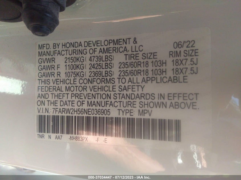VIN 7FARW2H56NE036905 2022 HONDA CR-V EX