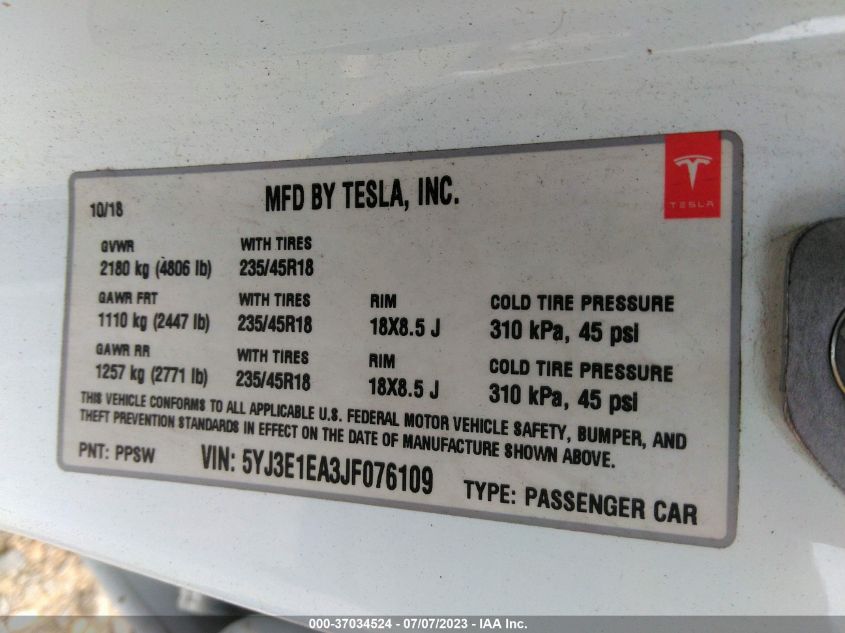 2018 TESLA MODEL 3 RANGE BATTERY - 5YJ3E1EA3JF076109