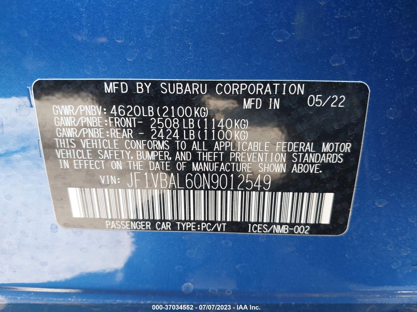VIN JF1VBAL60N9012549 2022 SUBARU WRX LIMITED