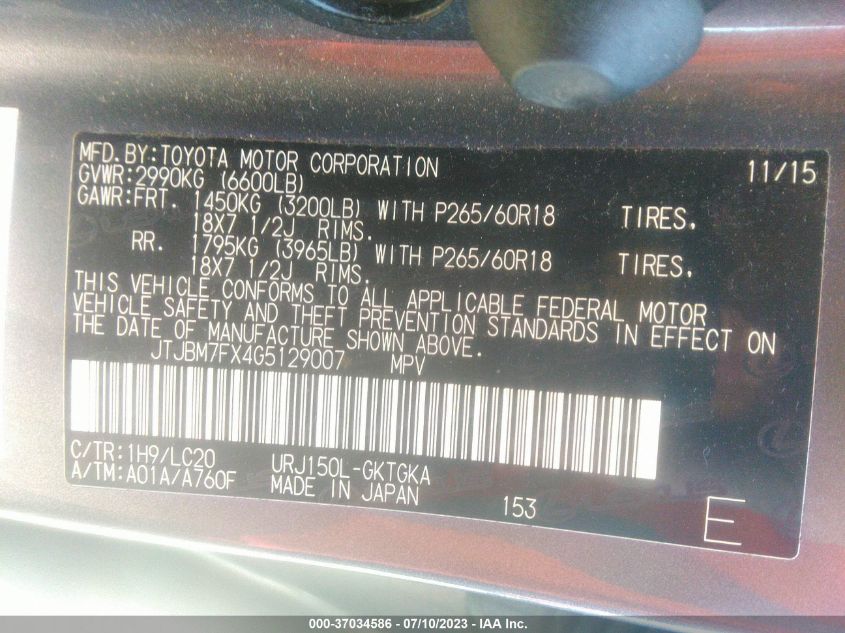 2016 LEXUS GX 460 - JTJBM7FX4G5129007