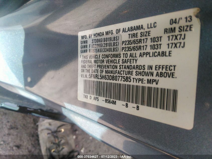 2013 HONDA ODYSSEY EX-L - 5FNRL5H63DB077585