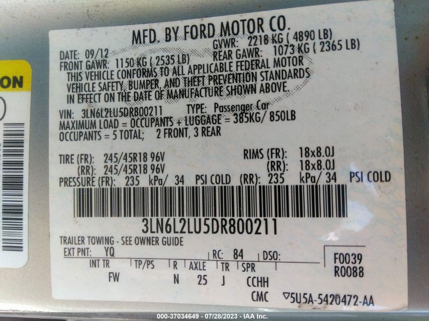 2013 LINCOLN MKZ HYBRID - 3LN6L2LU5DR800211
