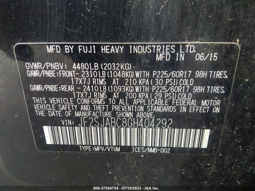2016 SUBARU FORESTER 2.5I - JF2SJABC8GH404292