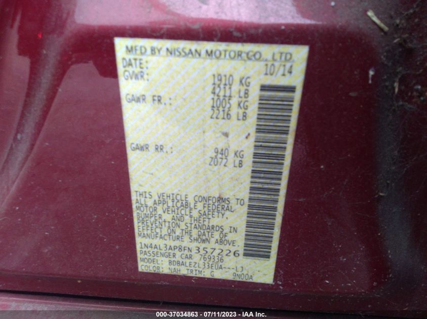 2015 NISSAN ALTIMA 2.5 S - 1N4AL3AP8FN357226