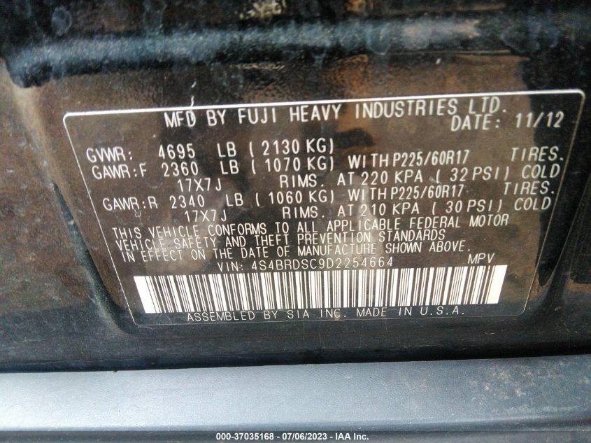 2013 SUBARU OUTBACK 3.6R LIMITED - 4S4BRDSC9D2254664