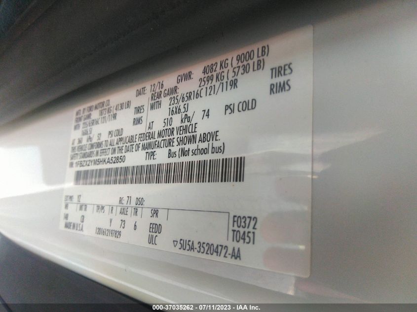 2017 FORD TRANSIT WAGON XL/XLT - 1FBZX2YM5HKA52850