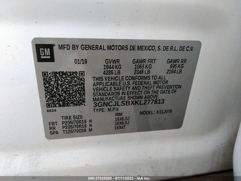 2019 CHEVROLET TRAX 1LT - 3GNCJLSBXKL277813